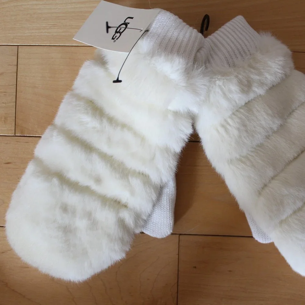 NWT UGG WOMEN'S FAUX FUR IVORY WHITE MITTENS S/M